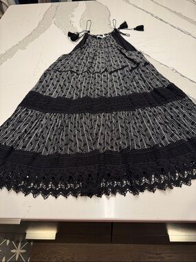 Kimchi Blue Black & White Mini Dress with Crochet Trim Tassel Ties Gently Worn